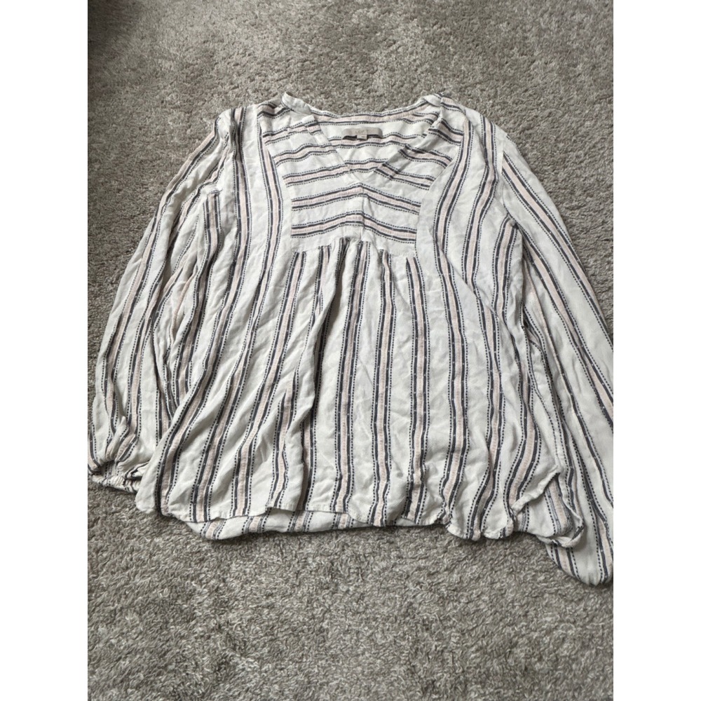 LOFT Womens Large Rayon V-Neck Striped Long Sleeve Blouse White Navy Pink